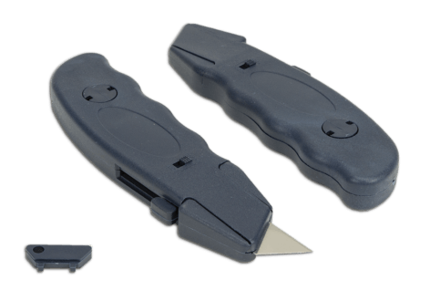 A pair of Metal Detectable Retractable Reakta Safety Knives with the blade out and replacement blades
