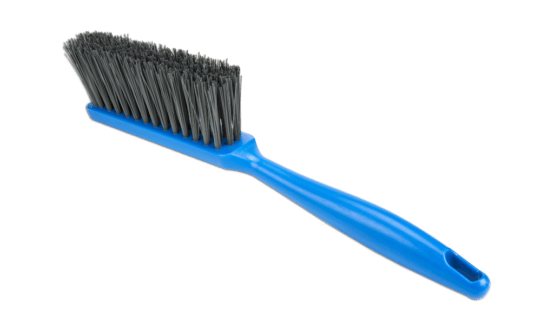 A single blue metal detectable banister brush with metal detectable bristles from a long view