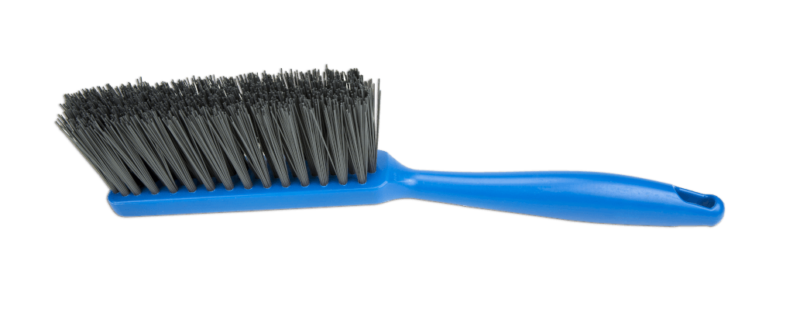 A single blue metal detectable banister brush with metal detectable bristles side view