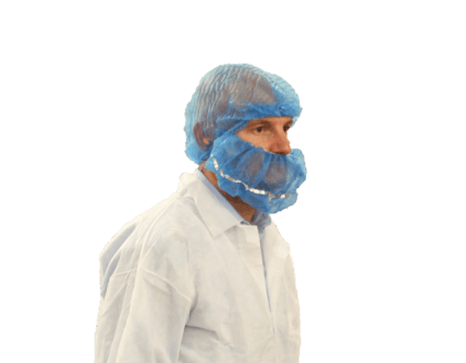 A model wearing a Metal Detectable Beard Cover in a laboratory outfit