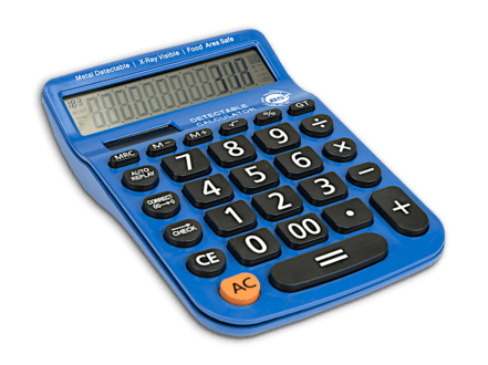 A single Blue Metal Detectable Desktop Calculator for food manufacturers sitting flat