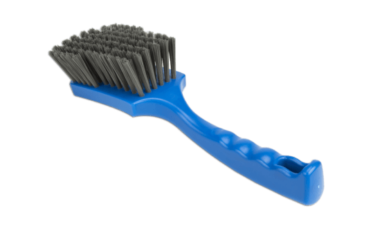A long diagonal view of a single blue metal detectable churn brush with metal detectable bristles
