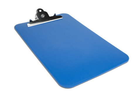 A single Blue A4 Metal Detectable Clipboard with stainless steel clip laying flat