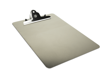 A single A4 Stainless Steel Clipboard long view for food manufacturers