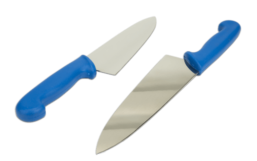 A pair of 8 Inch Blue Metal Detectable Cooks Knives with a broad and straight blade