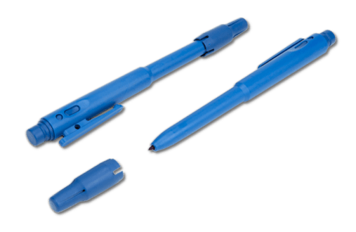 A pair of Blue Metal Detectable Felt Tip Pens with black ink and the cap off