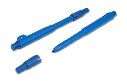 A pair of Blue Metal Detectable Felt Tip Pens with black ink and the cap off