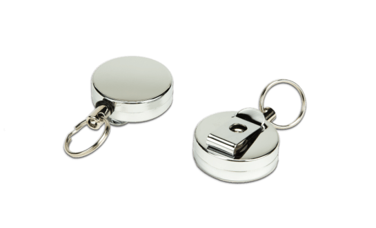 A pair of Stainless Steel Retractable Key reels for Food Manufacturers side by side