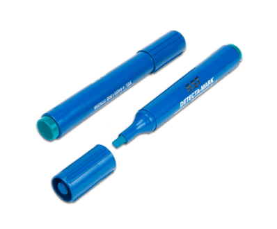 A pair of Metal Detectable Highlighters with light blue ink and the cap off