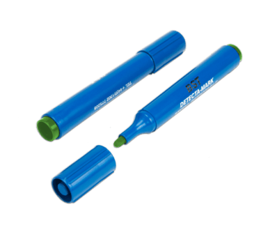 A pair of blue Metal Detectable Permanent Markers with bullet tip and Green ink