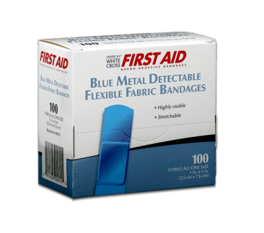 A box of fabric 1 x 3 inch blue metal detectable bandages for food manufacturers