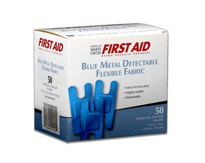 A box of blue metal detectable knuckle bandages for food manufacturers