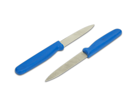A pair of 4 Inch Metal Detectable Mini-Paring Knives with a blue metal detectable handle