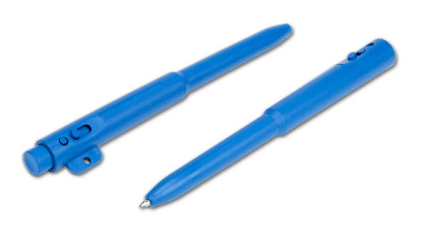 A pair of Blue Metal Detectable Retractable Pens with blue ink and without a clip