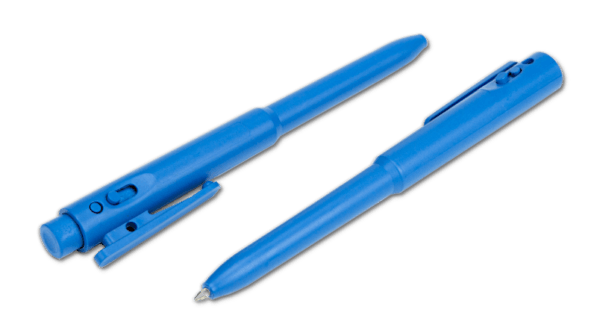 A pair of Blue Metal Detectable Retractable Pens with blue ink and with a clip