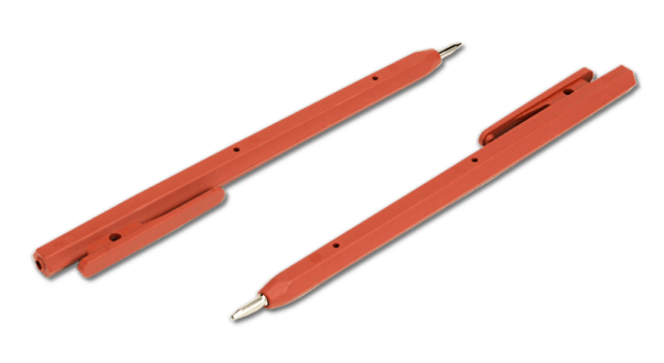 A pair of red metal detectable stick pens with black ink and with a clip