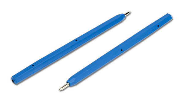 A pair of blue metal detectable stick pens with black ink and without a clip