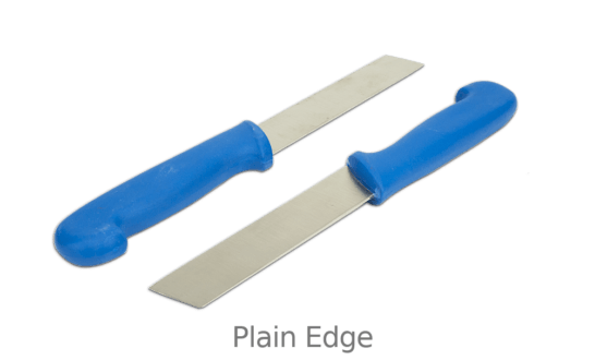 A pair of Metal Detectable Produce Knives with a Metal Detectable Blue handle and plain edge