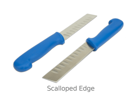 A pair of Metal Detectable Produce Knives with a Metal Detectable Blue handle and scalloped edge
