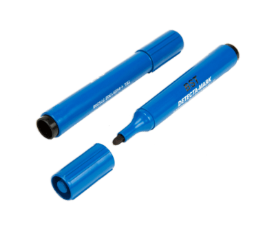 A pair of Blue Metal Detectable Dry Erase markers with black ink and the lid off