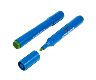A pair of Blue Metal Detectable Dry Erase markers with Green ink and the lid off
