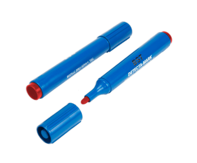 A pair of Blue Metal Detectable Dry Erase markers with Red ink and the lid off