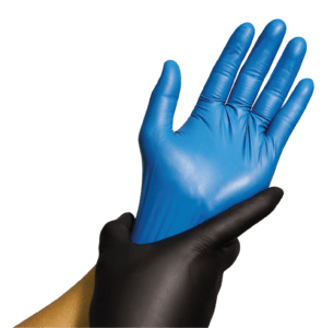 A hand putting on a blue metal detectable nitrile glove with the other hand in a black nitrile glove
