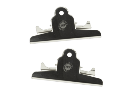 top view of two stainless steel clipboard clips by BST