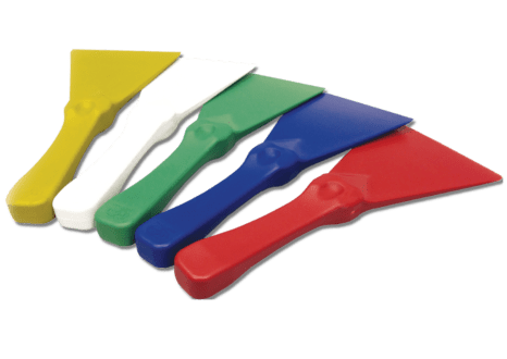 A group of 5 different colors of Metal Detectable Hand Scrapers in red blue green white and yellow